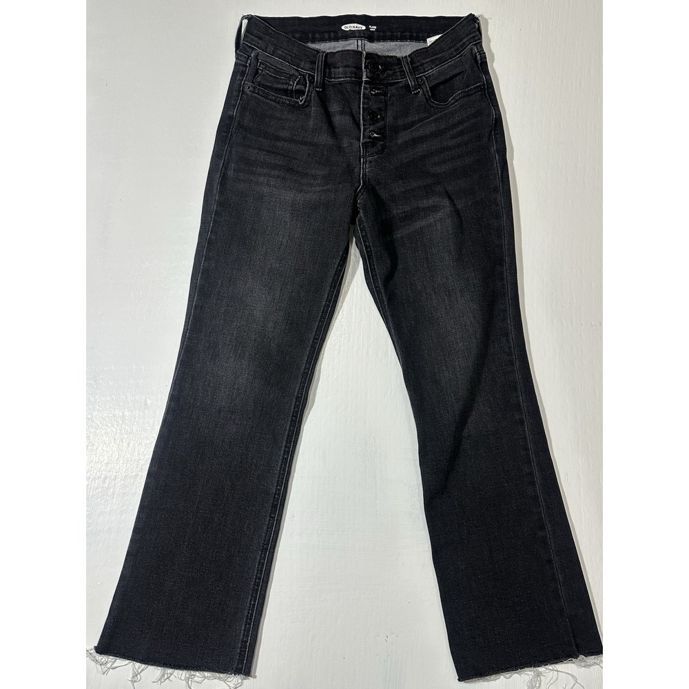Old Navy High-rise Exposed Button-fly Raw-hem Cropped Black Flare Jeans Size 2